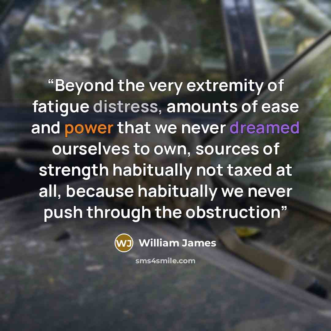 “Beyond the very extremity of fatigue distress, amounts of ease and power that we never dreamed ourselves to own, sources of strength habitually not taxed at all, because habitually we never push through the obstruction” quote by William James