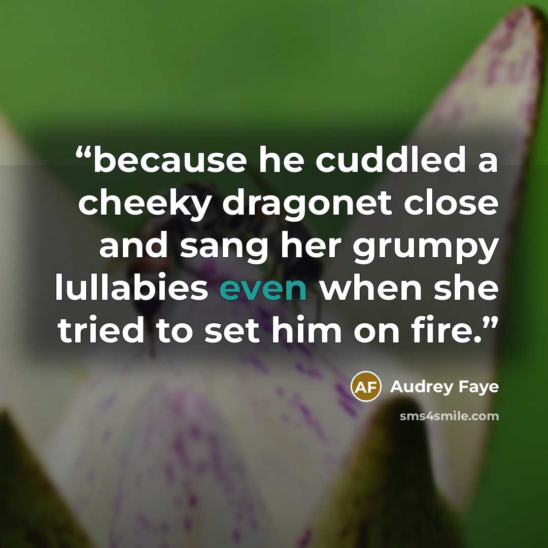 “because he cuddled a cheeky dragonet close and sang her grumpy lullabies even when she tried to set him on fire.” quote by Audrey Faye