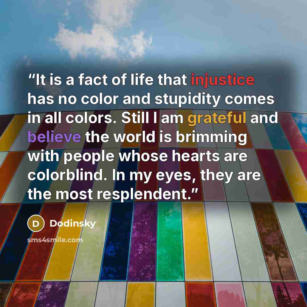 “It is a fact of life that injustice has no color and stupidity comes in all colors. Still I am grateful and believe the world is brimming with people whose hearts are colorblind. In my eyes, they are the most resplendent.” quote by Dodinsky