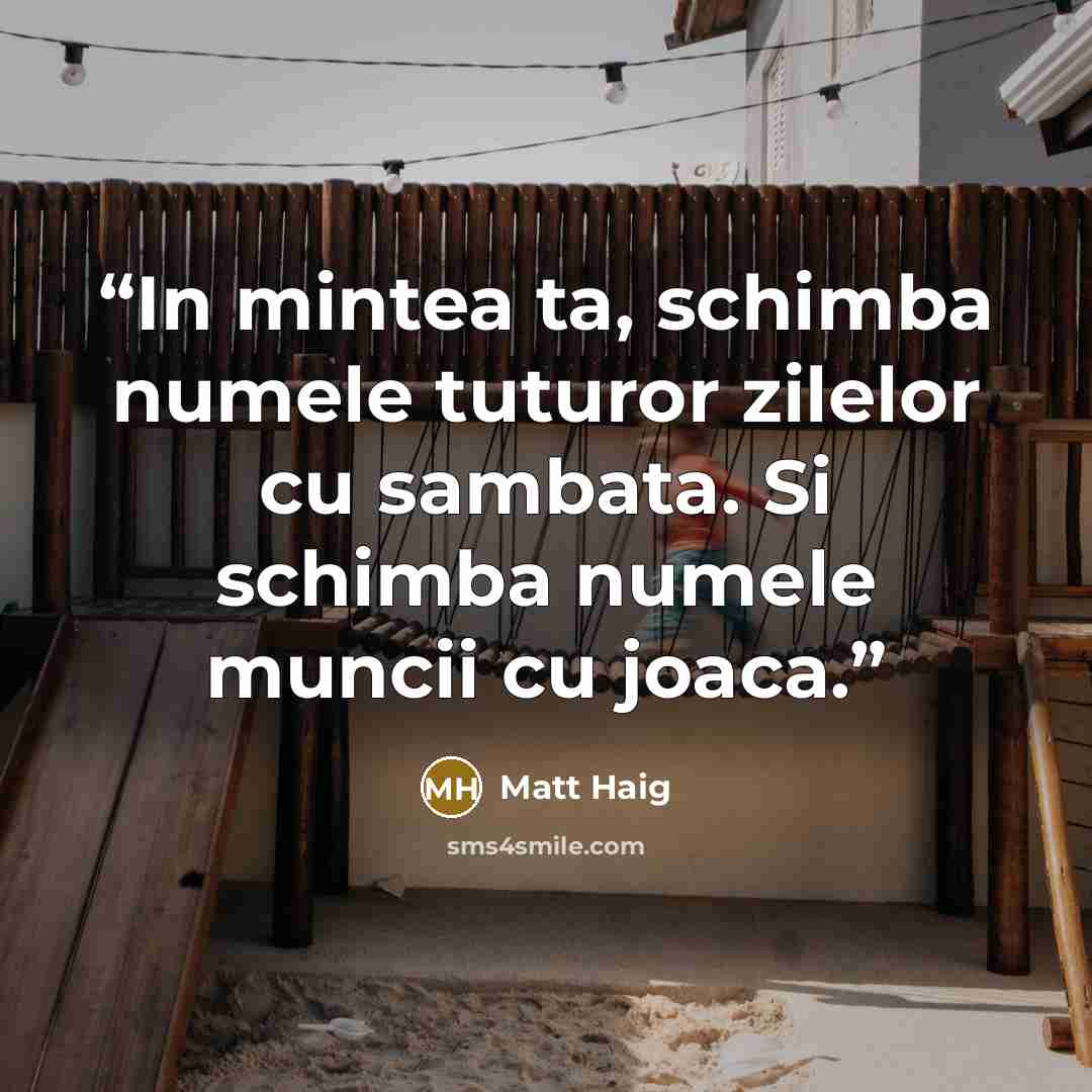 “In mintea ta, schimba numele tuturor zilelor cu sambata. Si schimba numele muncii cu joaca.” quote by Matt Haig