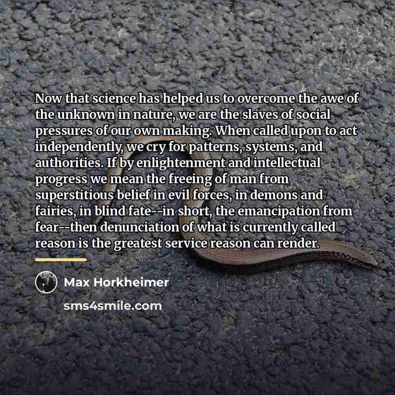 “Now that science has helped us to overcome the awe…” quote by Max Horkheimer