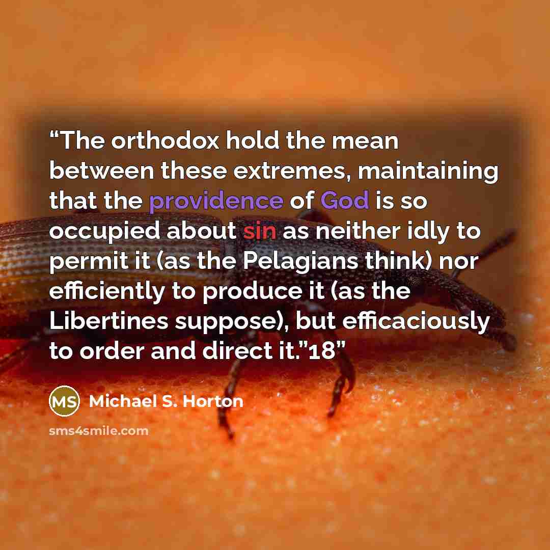 “The orthodox hold the mean between these extremes, maintaining that the providence of God is so occupied about sin as neither idly to permit it (as the Pelagians think) nor efficiently to produce it (as the Libertines suppose), but efficaciously to order and direct it.”18” quote by Michael S. Horton