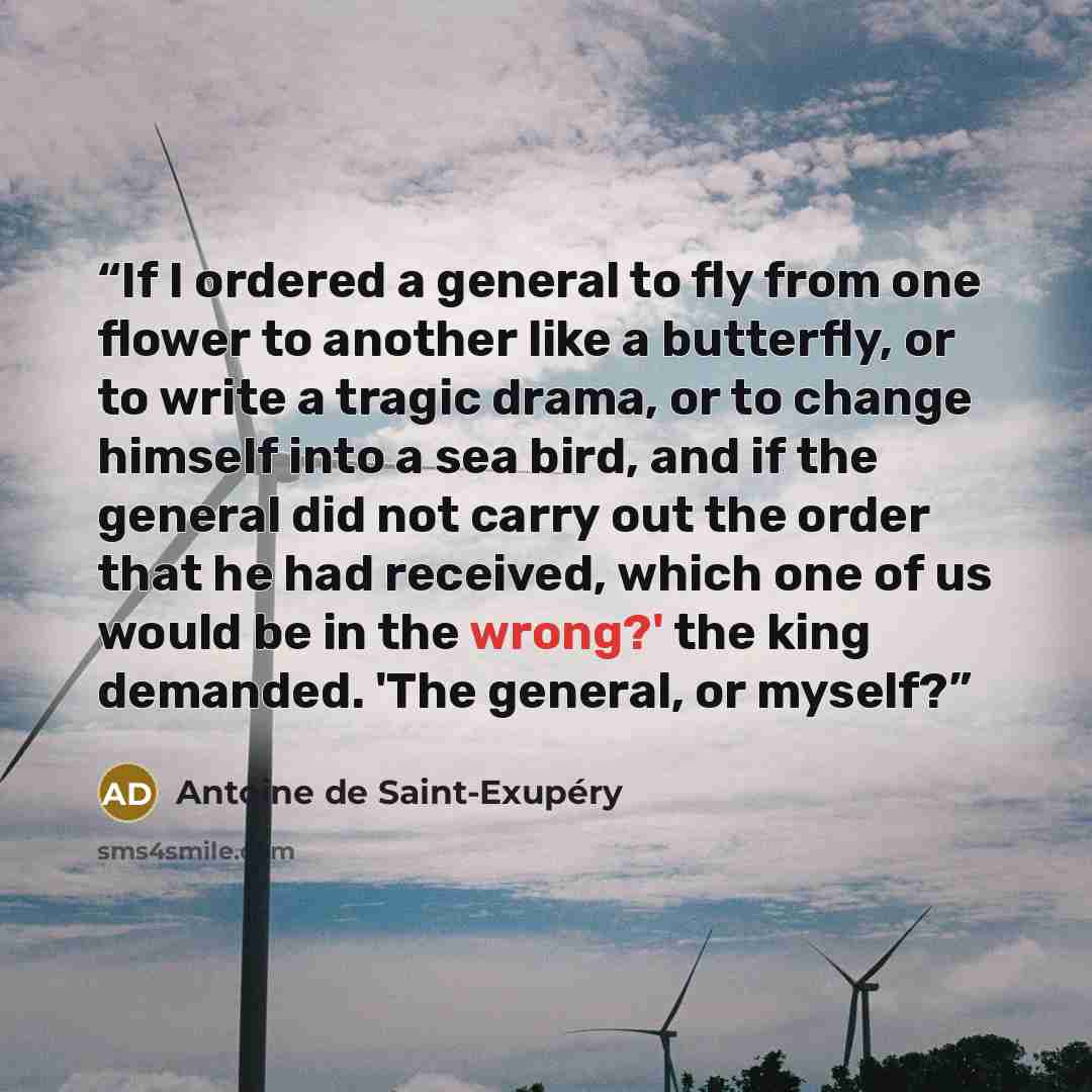 “If I ordered a general to fly from one flower to another like a butterfly, or to write a tragic drama, or to change himself into a sea bird, and if the general did not carry out the order that he had received, which one of us would be in the wrong?' the king demanded. 'The general, or myself?” quote by Antoine de Saint-Exupéry