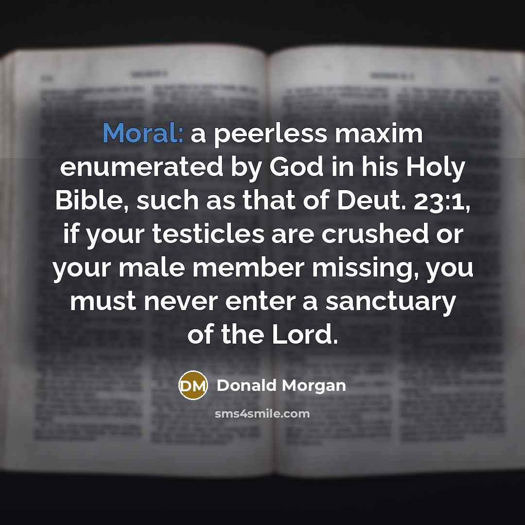 “Moral: a peerless maxim enumerated by God in his Holy…” quote by Donald Morgan