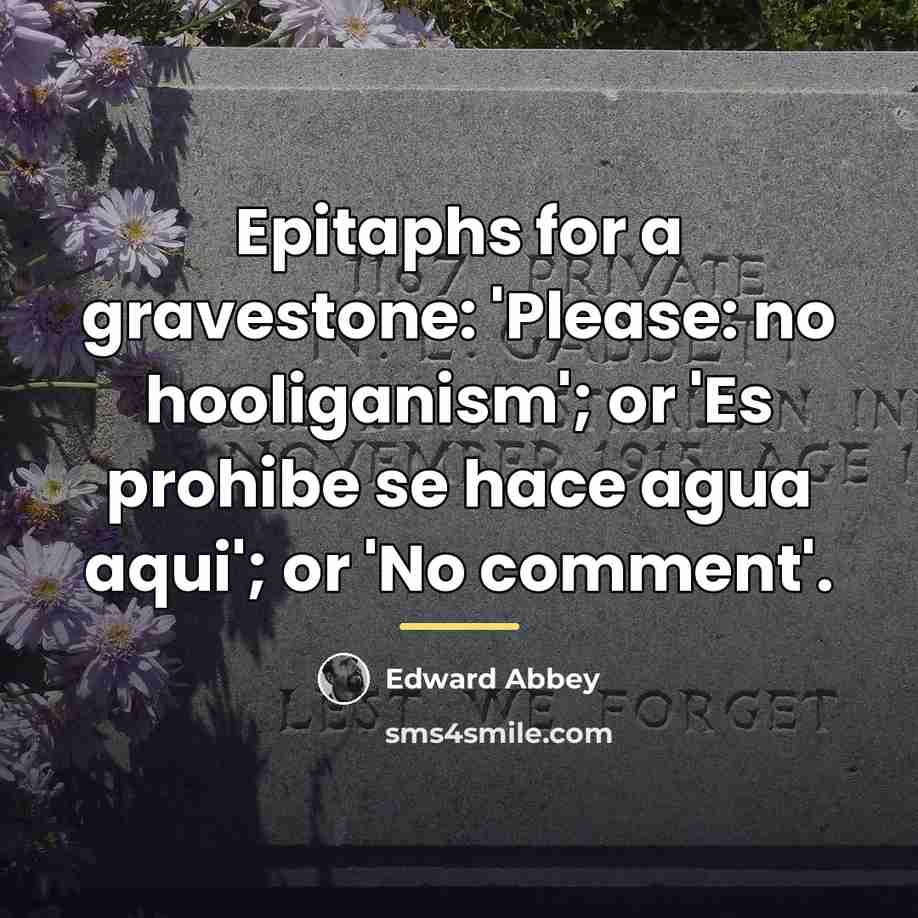 “Epitaphs for a gravestone: 'Please: no hooliganism'; or 'Es prohibe…” quote by Edward Abbey