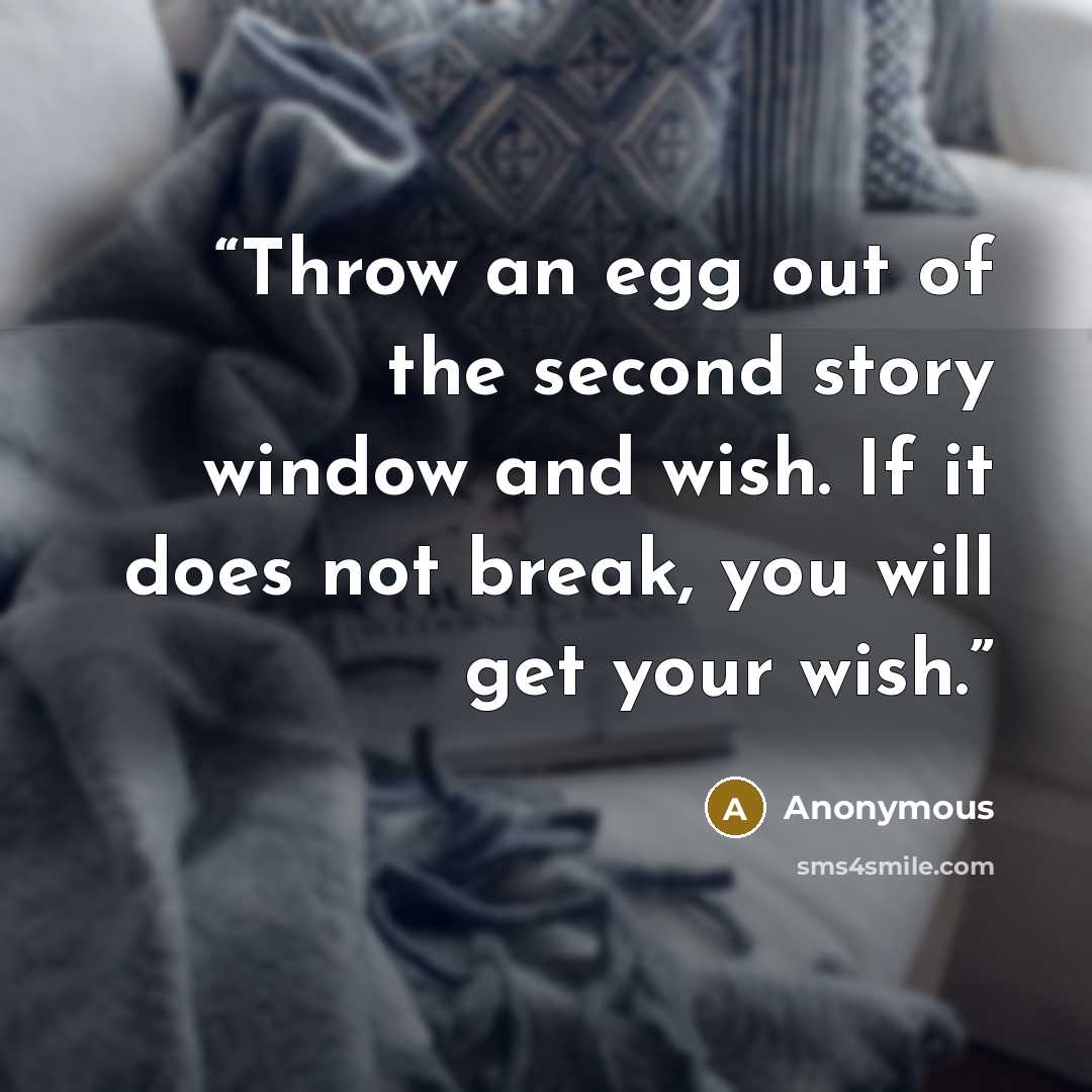 “Throw an egg out of the second story window and wish. If it does not break, you will get your wish.” quote by Anonymous