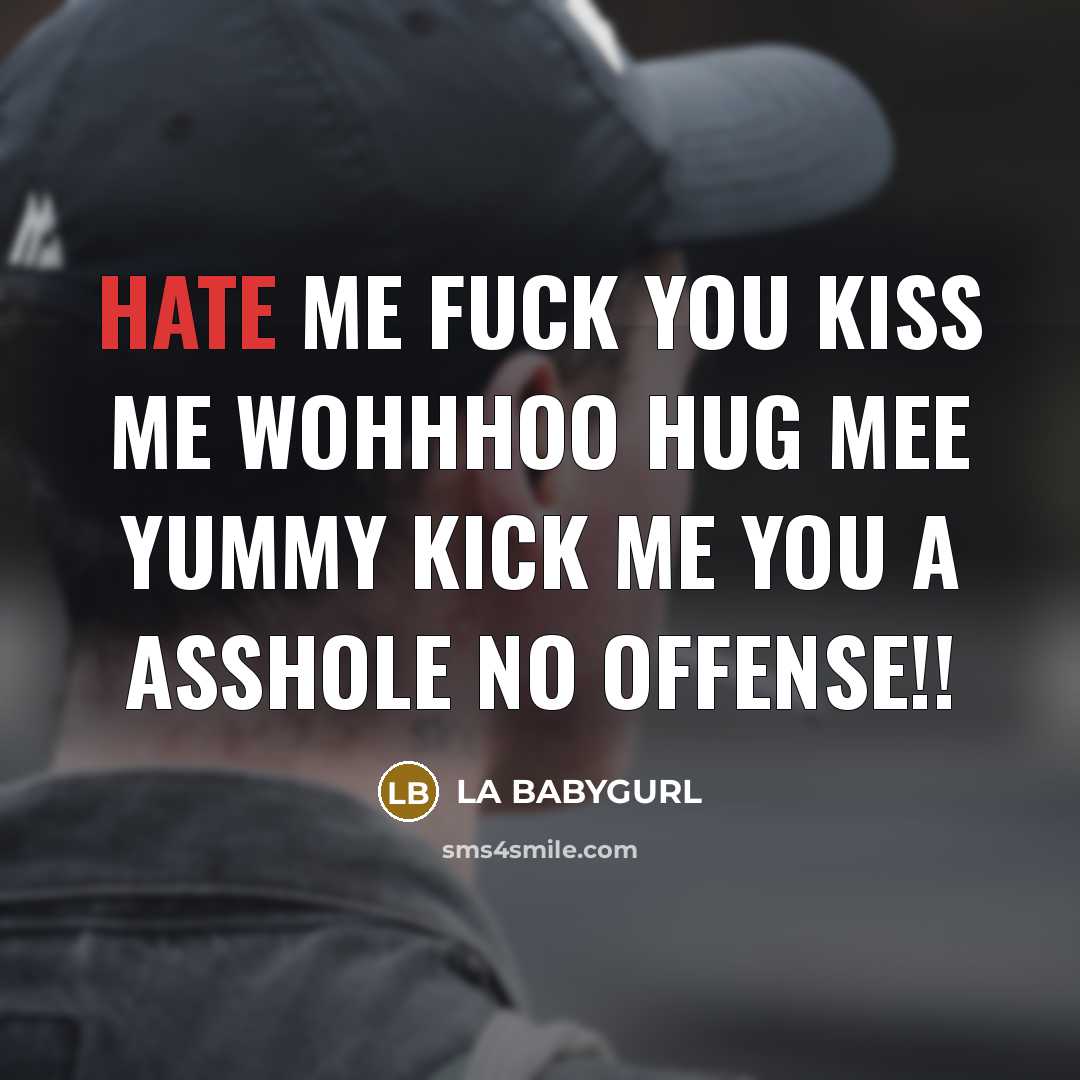 “HATE ME FUCK YOU KISS ME WOHHHOO HUG MEE YUMMY KICK ME YOU A ASSHOLE NO OFFENSE!!” quote by LA BABYGURL