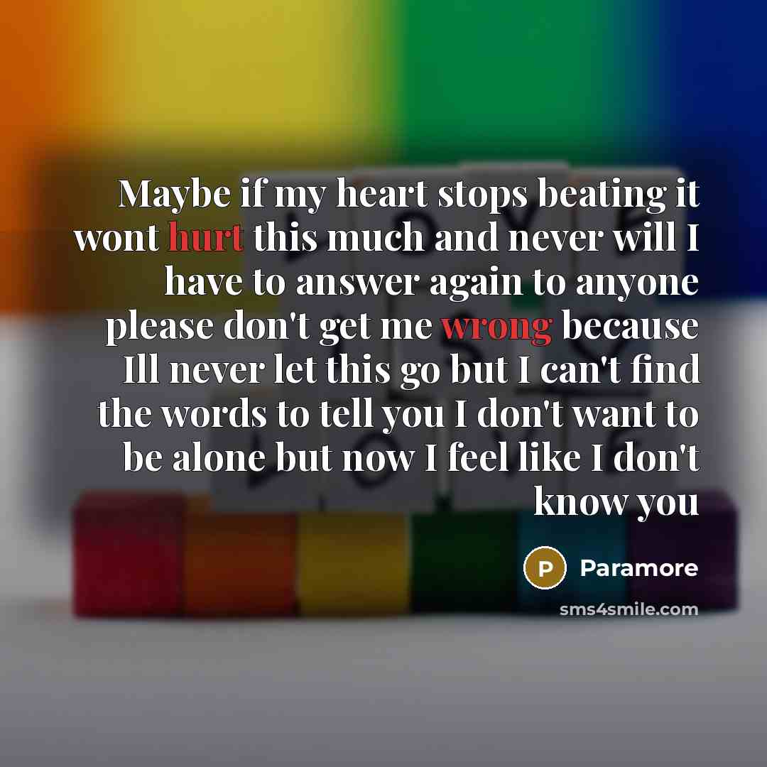 “Maybe if my heart stops beating it wont hurt this much and never will I have to answer again to anyone please don't get me wrong because Ill never let this go but I can't find the words to tell you I don't want to be alone but now I feel like I don't know you” quote by Paramore