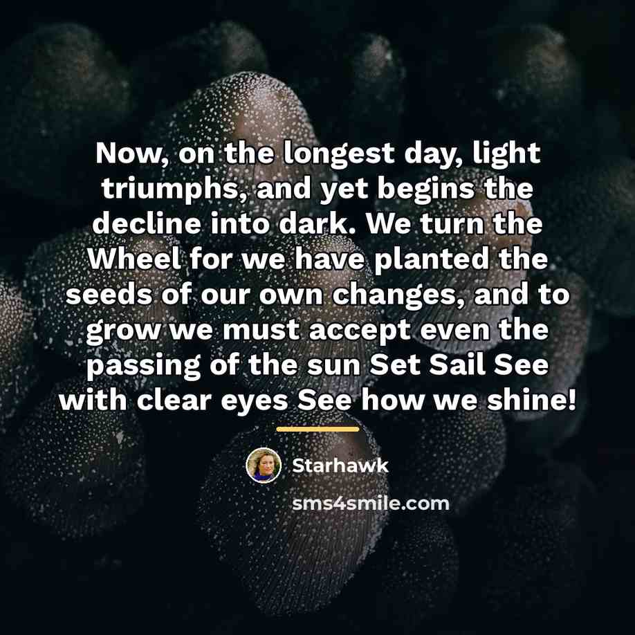 “Now, on the longest day, light triumphs, and yet begins…” quote by Starhawk