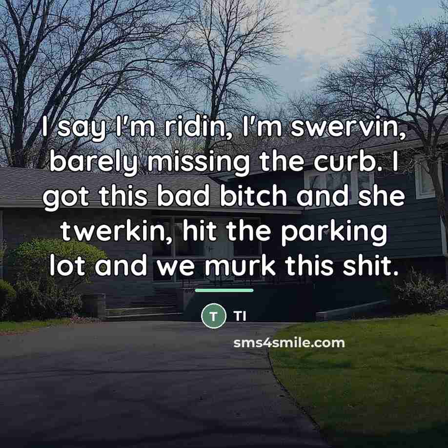 “I say I'm ridin, I'm swervin, barely missing the curb.…” quote by TI