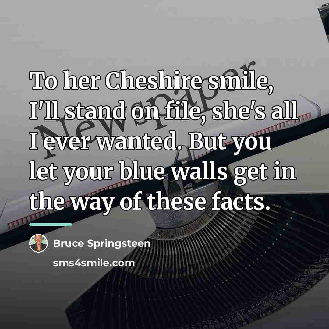 “To her Cheshire smile, I'll stand on file, she's all…” quote by Bruce Springsteen