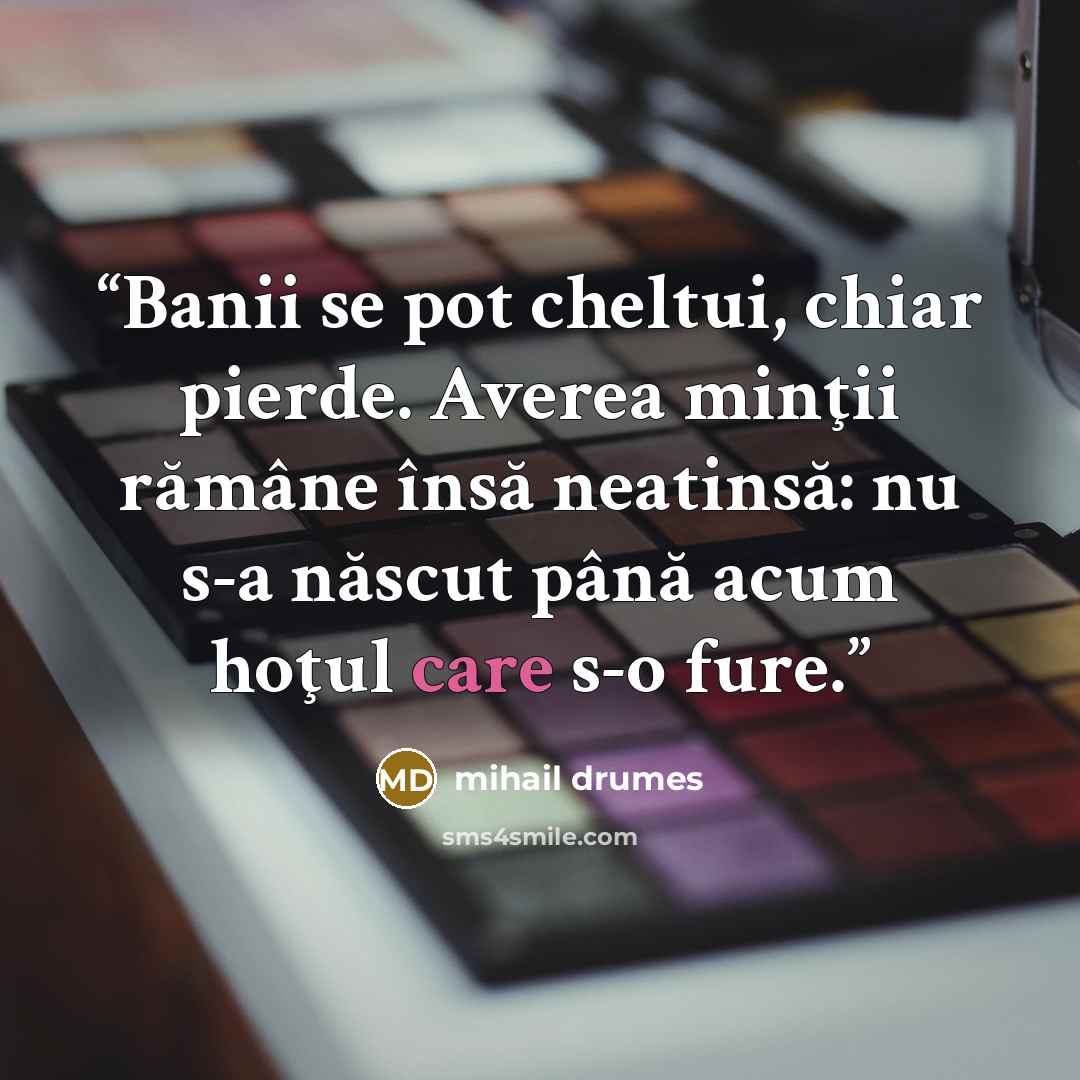 “Banii se pot cheltui, chiar pierde. Averea minţii rămâne însă neatinsă: nu s-a născut până acum hoţul care s-o fure.” quote by Mihail Drumeş