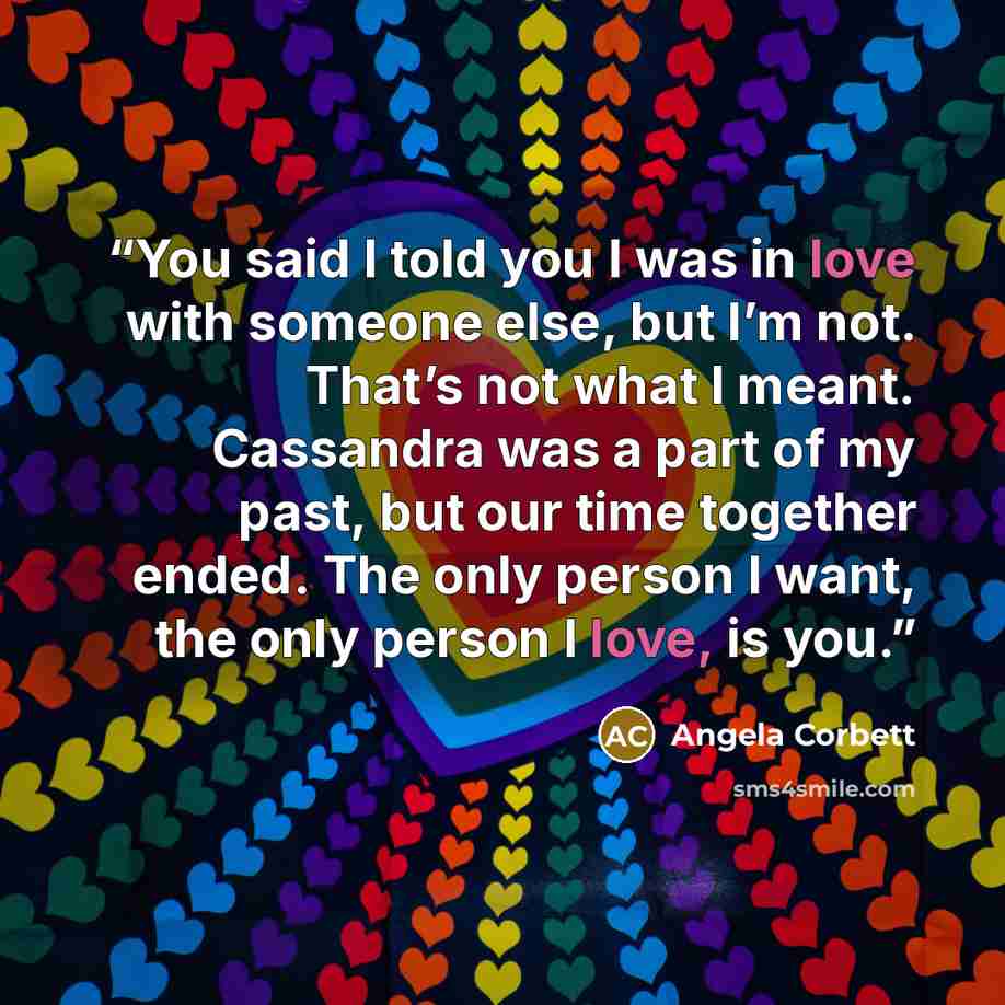 “You said I told you I was in love with someone else, but I’m not. That’s not what I meant. Cassandra was a part of my past, but our time together ended. The only person I want, the only person I love, is you.” quote by Angela Corbett