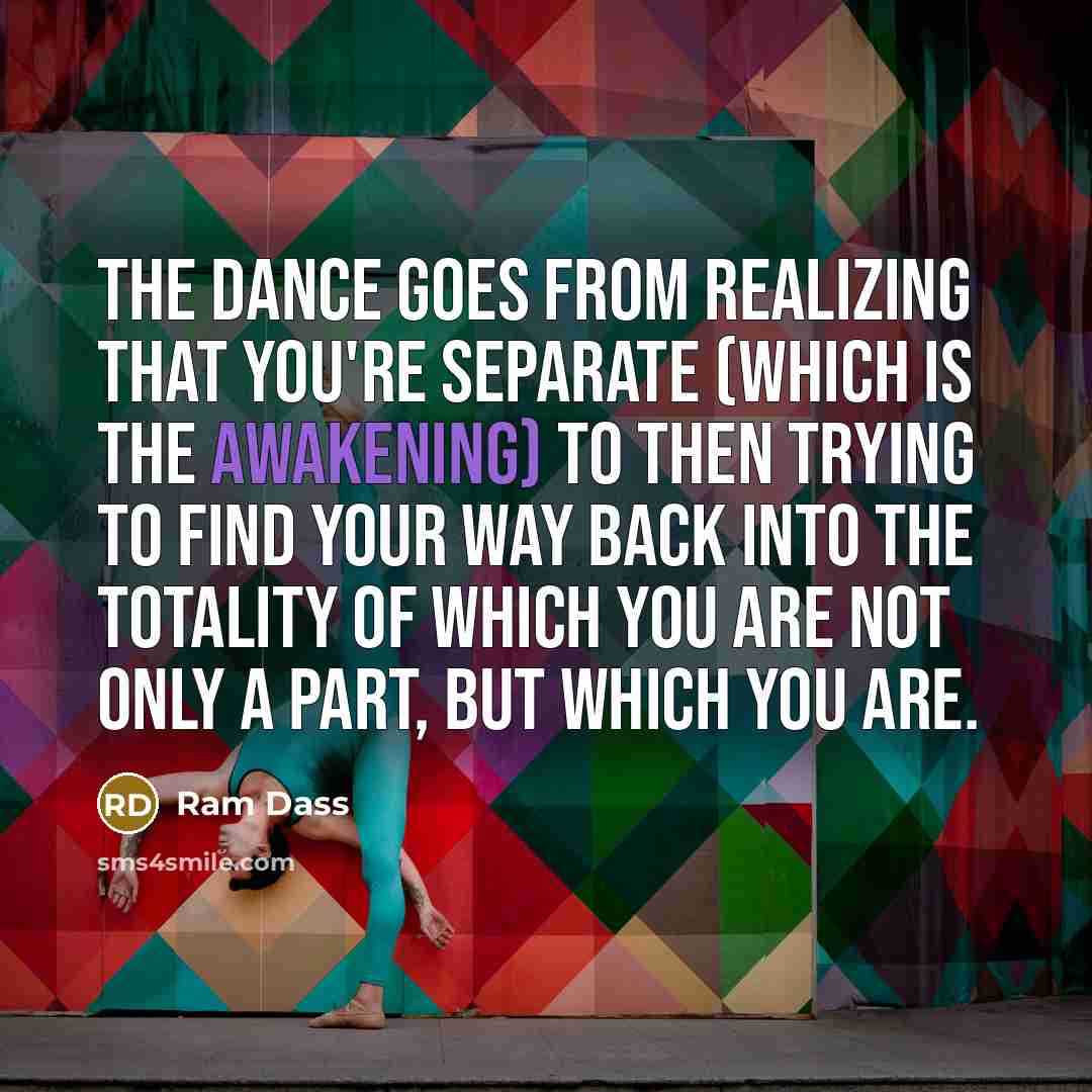 “The dance goes from realizing that you're separate (which is…” quote by Ram Dass