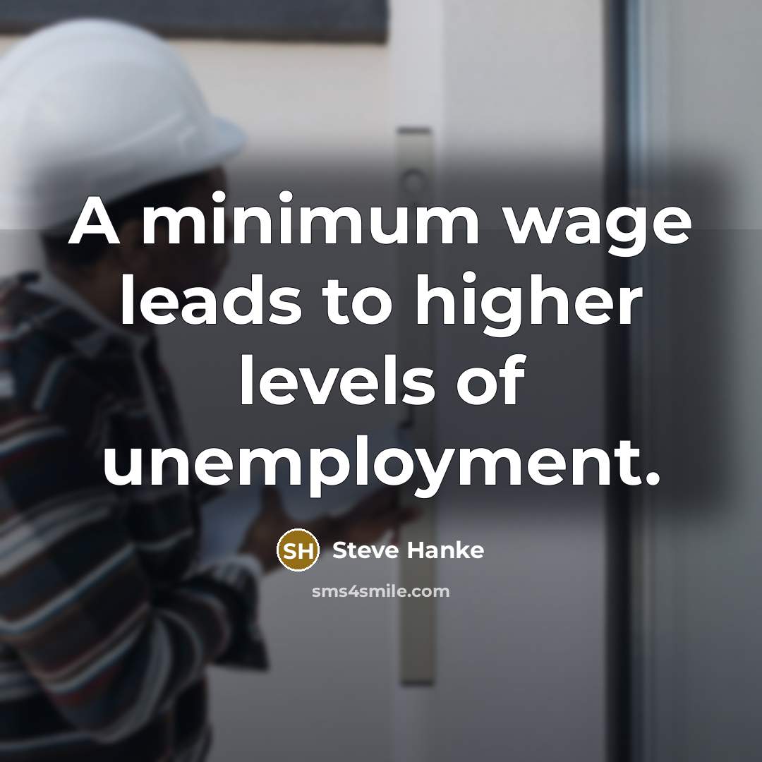 “A minimum wage leads to higher levels of unemployment.…” quote by Steve Hanke
