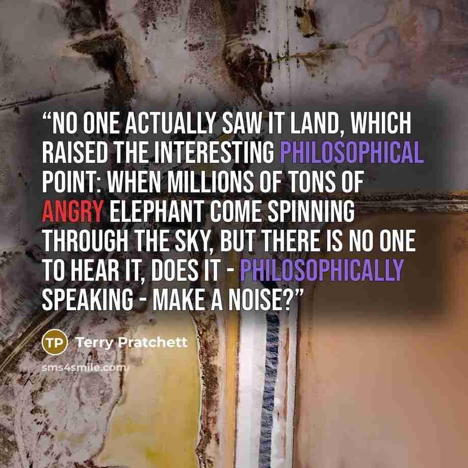 “No one actually saw it land, which raised the interesting philosophical point: When millions of tons of angry elephant come spinning through the sky, but there is no one to hear it, does it - philosophically speaking - make a noise?” quote by Terry Pratchett