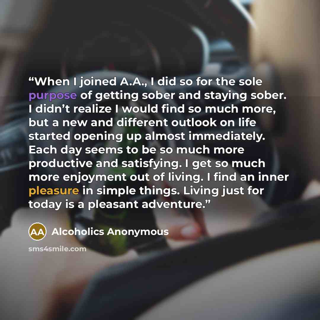 “When I joined A.A., I did so for the sole purpose of getting sober and staying sober. I didn’t realize I would find so much more, but a new and different outlook on life started opening up almost immediately. Each day seems to be so much more productive and satisfying. I get so much more enjoyment…” quote by Alcoholics Anonymous