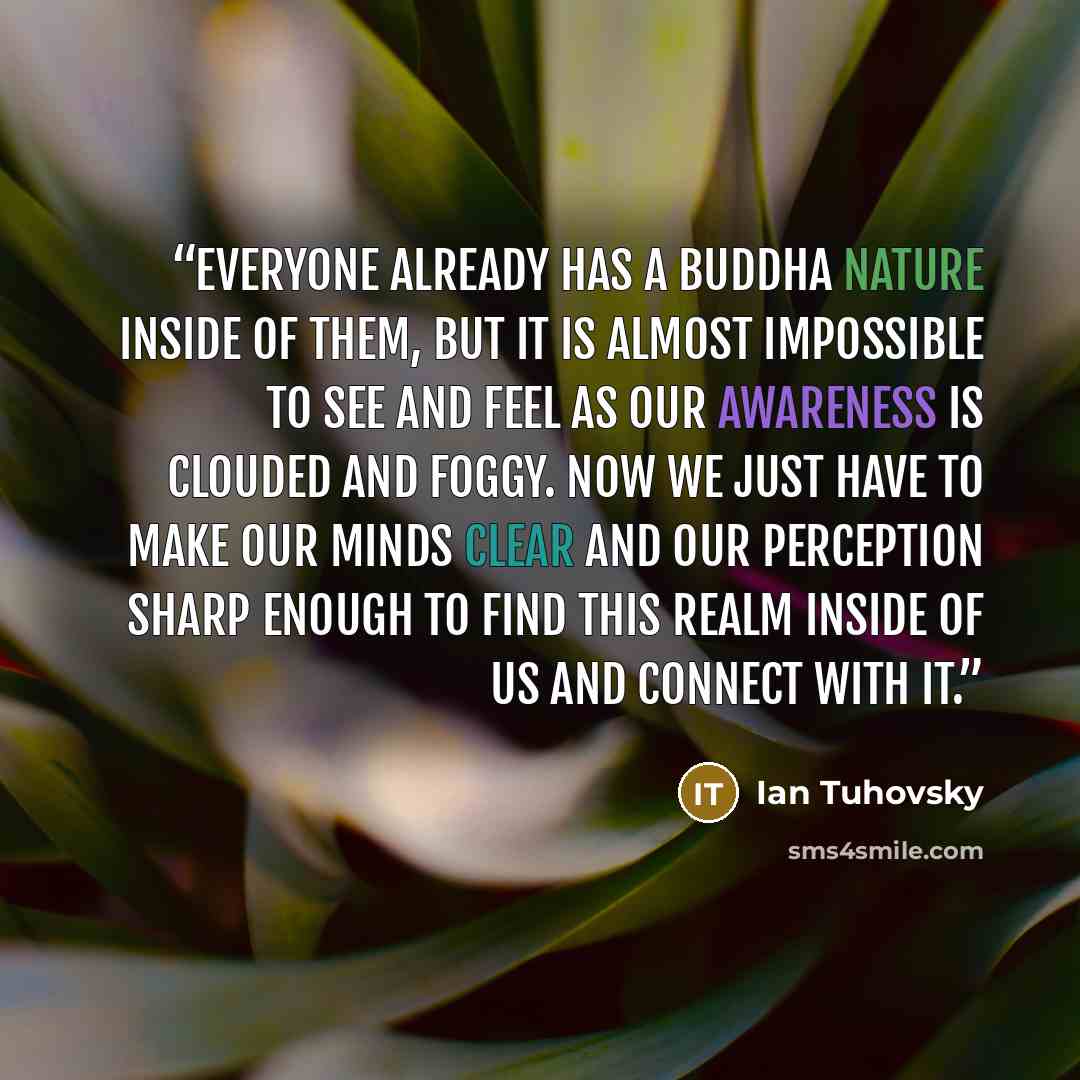 “Everyone already has a Buddha nature inside of them, but it is almost impossible to see and feel as our awareness is clouded and foggy. Now we just have to make our minds clear and our perception sharp enough to find this realm inside of us and connect with it.” quote by Ian Tuhovsky