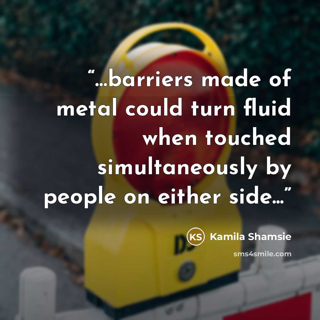 “…barriers made of metal could turn fluid when touched simultaneously by people on either side...” quote by Kamila Shamsie