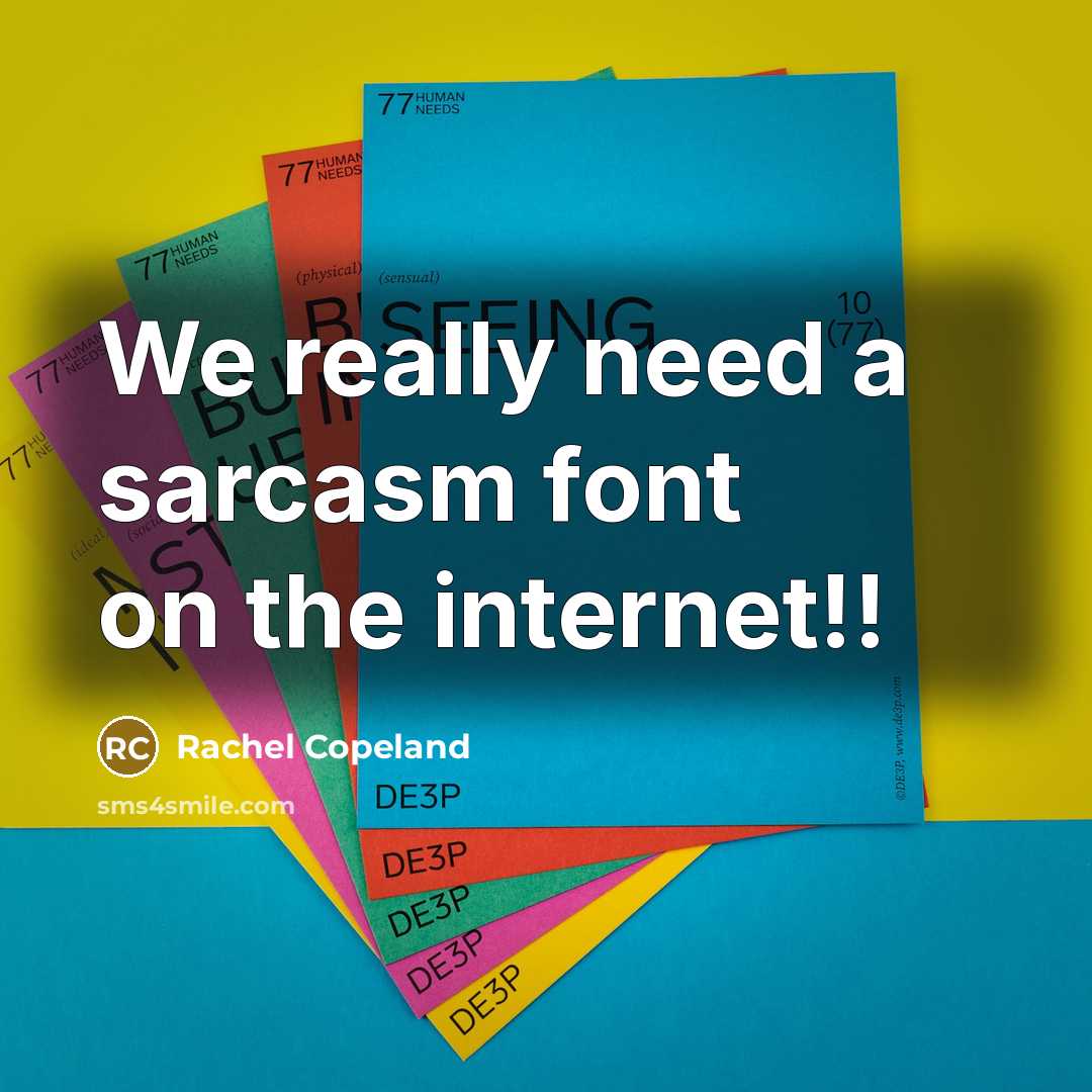 “We really need a sarcasm font on the internet!!” quote by Rachel Copeland