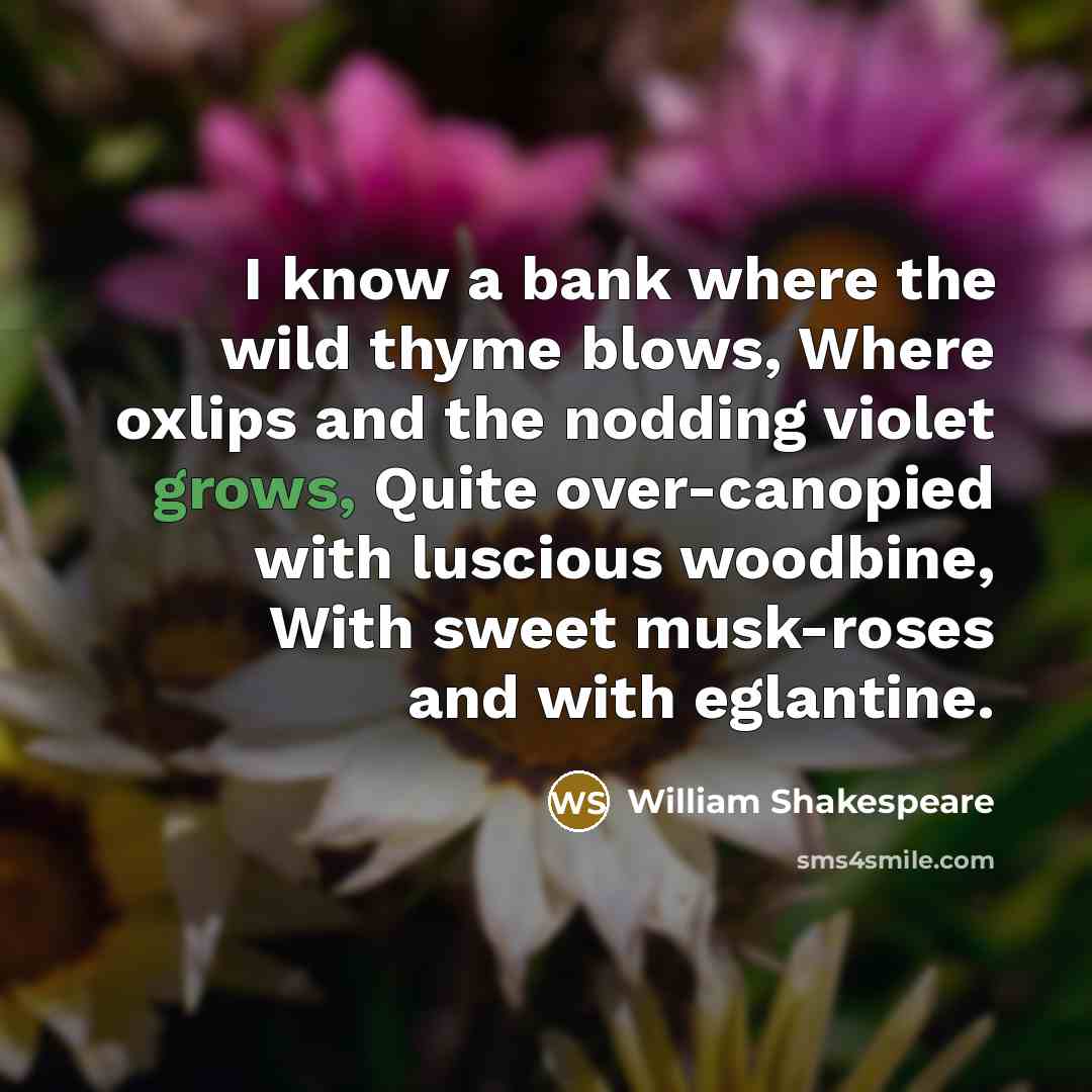 “I know a bank where the wild thyme blows, Where oxlips and the nodding violet grows, Quite over-canopied with luscious woodbine, With sweet musk-roses and with eglantine.” quote by William Shakespeare