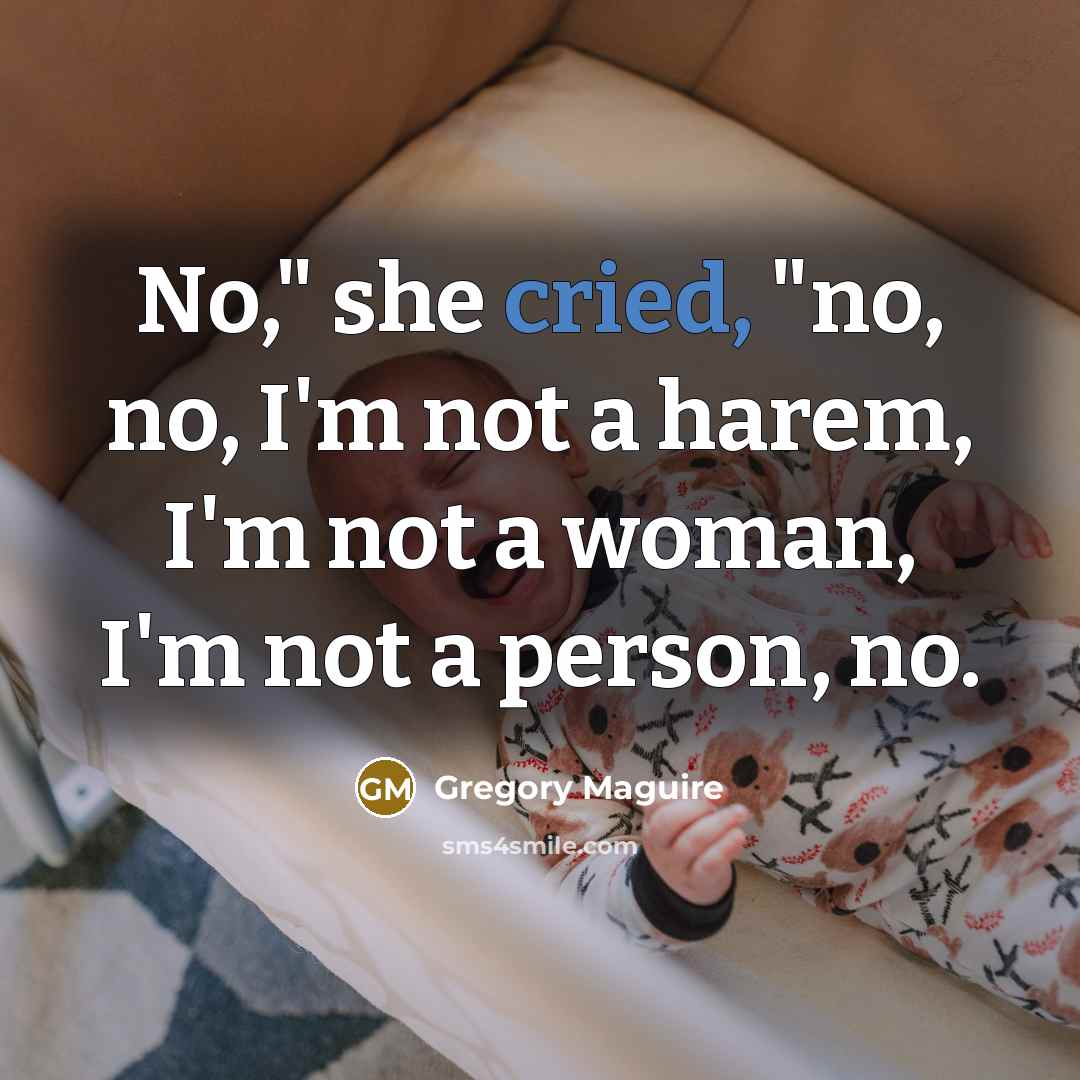 “No," she cried, "no, no, I'm not a harem, I'm not a woman, I'm not a person, no.” quote by Gregory Maguire