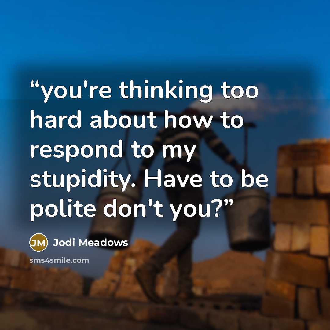 “you're thinking too hard about how to respond to my stupidity. Have to be polite don't you?” quote by Jodi Meadows