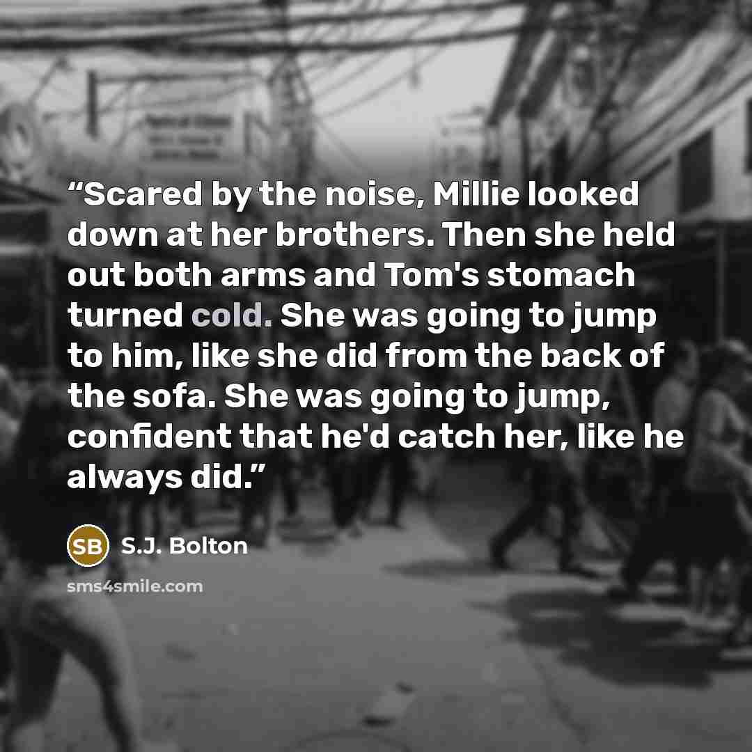 “Scared by the noise, Millie looked down at her brothers. Then she held out both arms and Tom's stomach turned cold. She was going to jump to him, like she did from the back of the sofa. She was going to jump, confident that he'd catch her, like he always did.” quote by S.J. Bolton