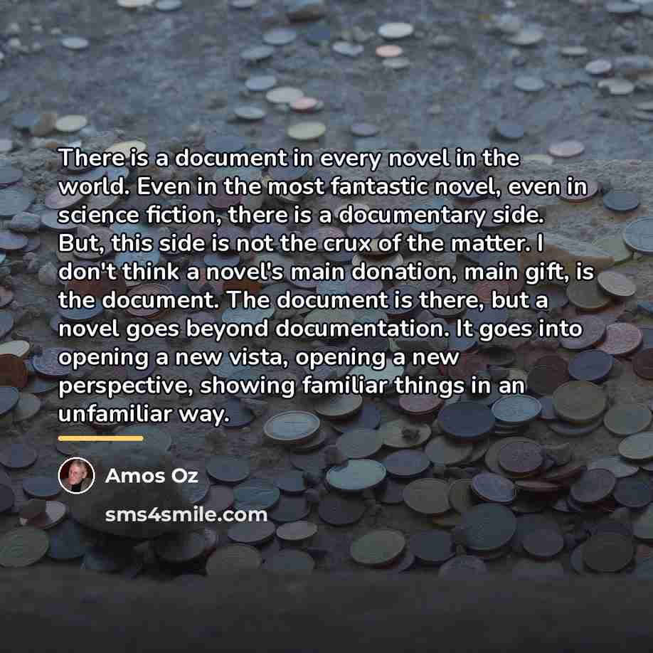 “There is a document in every novel in the world.…” quote by Amos Oz