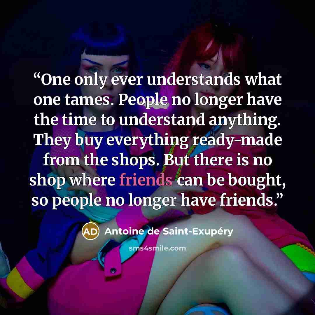 “One only ever understands what one tames. People no longer have the time to understand anything. They buy everything ready-made from the shops. But there is no shop where friends can be bought, so people no longer have friends.” quote by Antoine de Saint-Exupéry