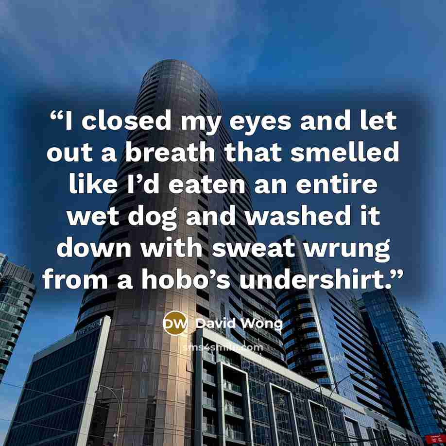 “I closed my eyes and let out a breath that smelled like I’d eaten an entire wet dog and washed it down with sweat wrung from a hobo’s undershirt.” quote by David Wong