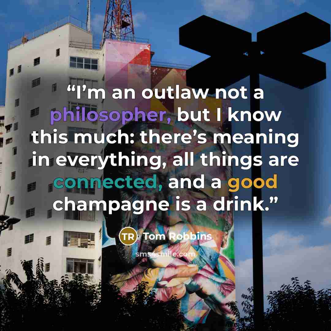 “I’m an outlaw not a philosopher, but I know this much: there’s meaning in everything, all things are connected, and a good champagne is a drink.” quote by Tom Robbins