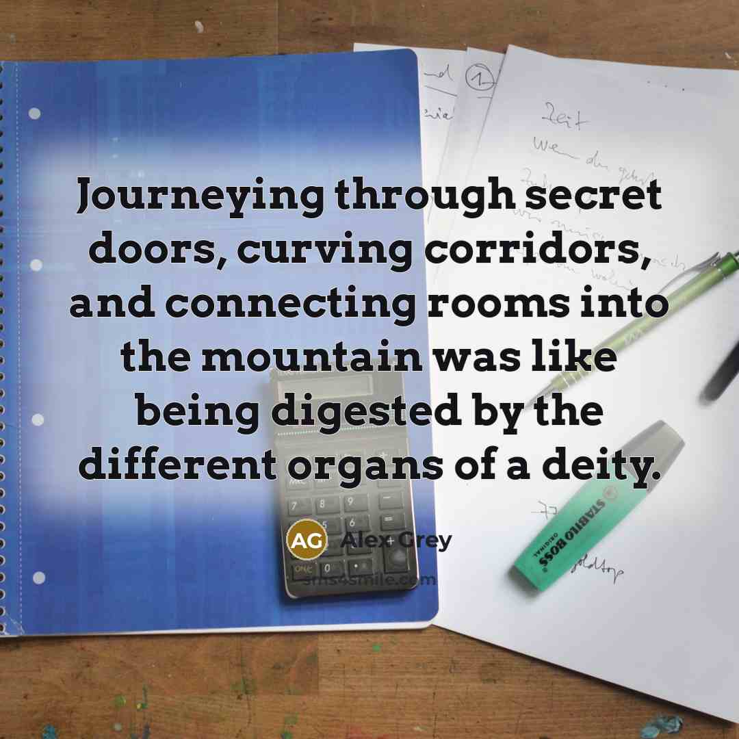 “Journeying through secret doors, curving corridors, and connecting rooms into…” quote by Alex Grey