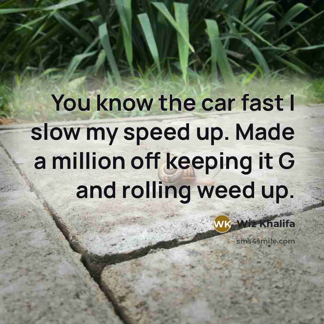 “You know the car fast I slow my speed up. Made a million off keeping it G and rolling weed up.” quote by Wiz Khalifa