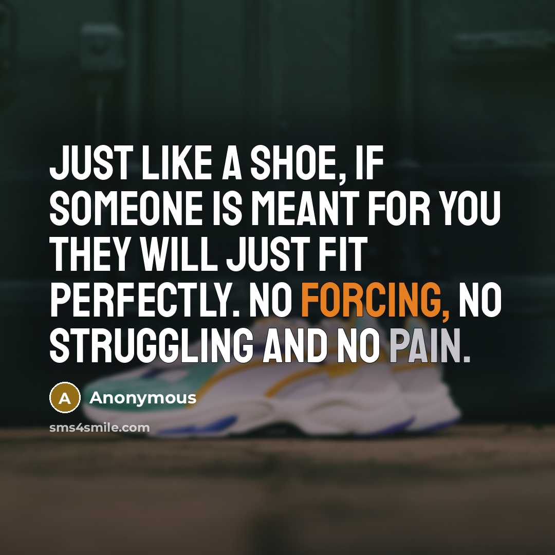 “Just like a shoe, if someone is meant for you they will just fit perfectly. No forcing, no struggling and no pain.” quote by Anonymous