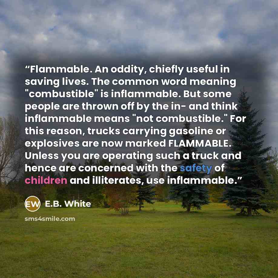“Flammable. An oddity, chiefly useful in saving lives. The common word meaning "combustible" is inflammable. But some people are thrown off by the in- and think inflammable means "not combustible." For this reason, trucks carrying gasoline or explosives are now marked FLAMMABLE. Unless you are…” quote by E.B. White