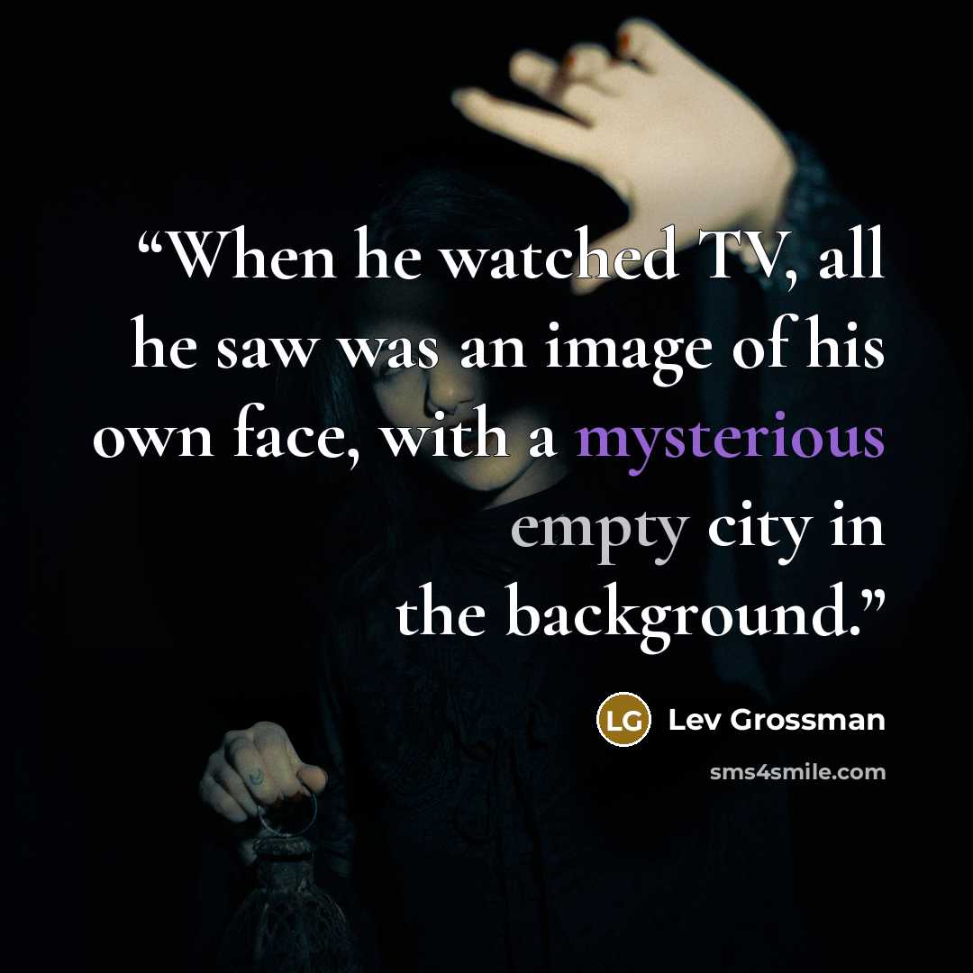 “When he watched TV, all he saw was an image of his own face, with a mysterious empty city in the background.” quote by Lev Grossman