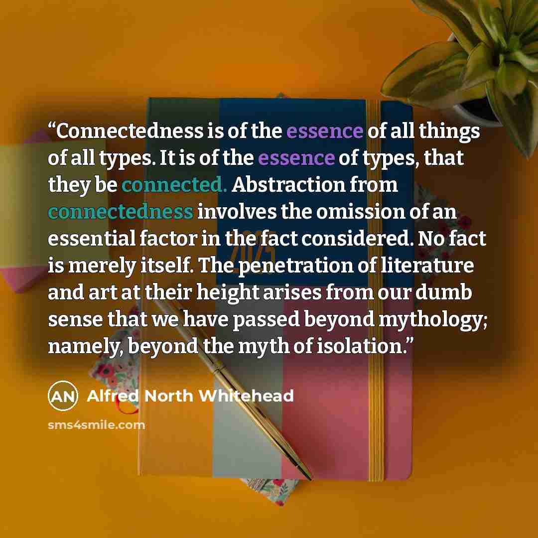 “Connectedness is of the essence of all things of all types. It is of the essence of types, that they be connected. Abstraction from connectedness involves the omission of an essential factor in the fact considered. No fact is merely itself. The penetration of literature and art at their height…” quote by Alfred North Whitehead