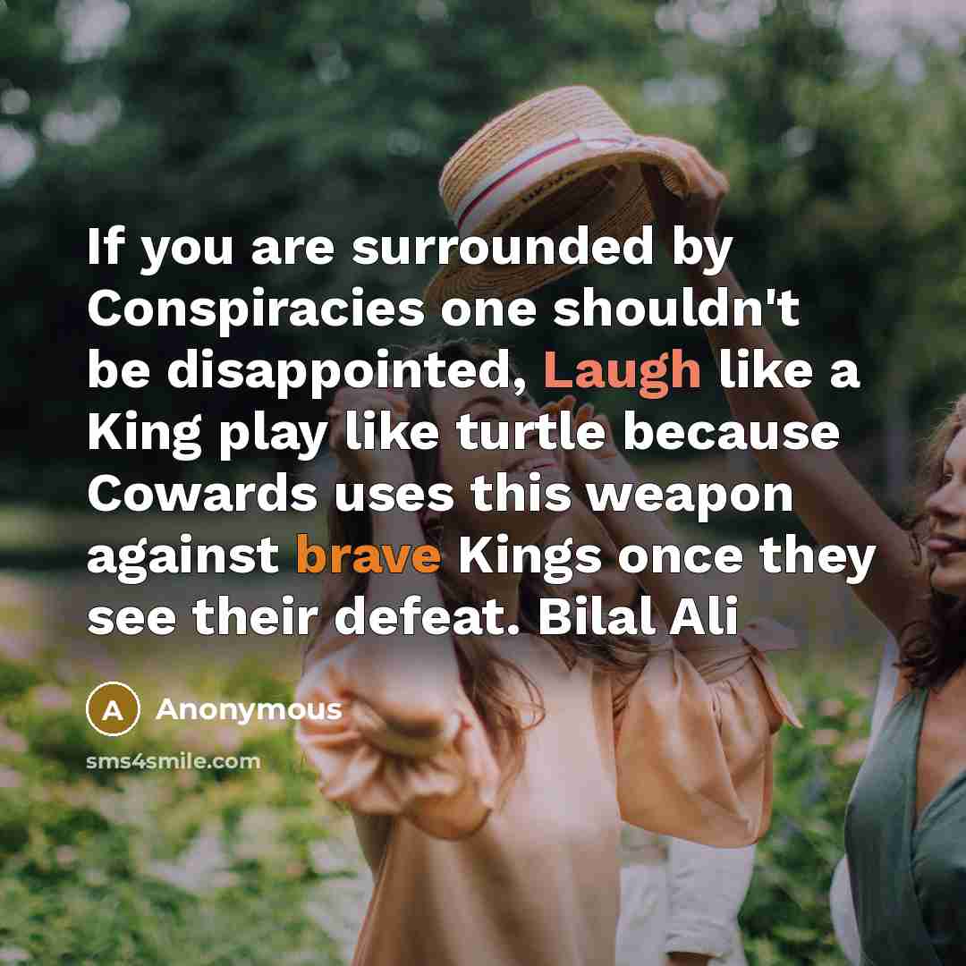 “If you are surrounded by Conspiracies one shouldn't be disappointed, Laugh like a King play like turtle because Cowards uses this weapon against brave Kings once they see their defeat. Bilal Ali” quote by Anonymous