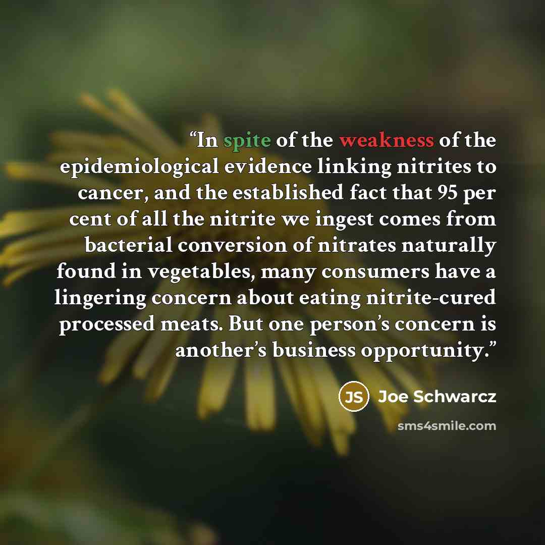 “In spite of the weakness of the epidemiological evidence linking nitrites to cancer, and the established fact that 95 per cent of all the nitrite we ingest comes from bacterial conversion of nitrates naturally found in vegetables, many consumers have a lingering concern about eating nitrite-cured…” quote by Joe Schwarcz