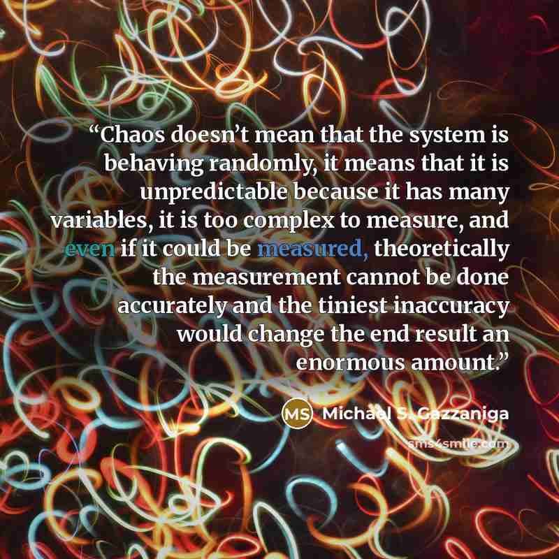 “Chaos doesn’t mean that the system is behaving randomly, it means that it is unpredictable because it has many variables, it is too complex to measure, and even if it could be measured, theoretically the measurement cannot be done accurately and the tiniest inaccuracy would change the end result…” quote by Michael S. Gazzaniga
