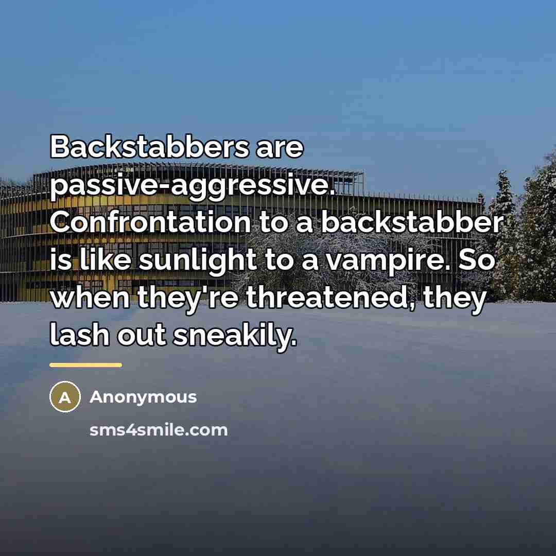“Backstabbers are passive-aggressive. Confrontation to a backstabber is like sunlight…” quote by Anonymous