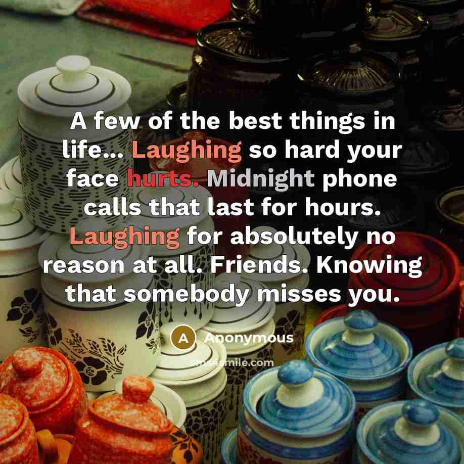 “A few of the best things in life... Laughing so hard your face hurts. Midnight phone calls that last for hours. Laughing for absolutely no reason at all. Friends. Knowing that somebody misses you.” quote by Anonymous
