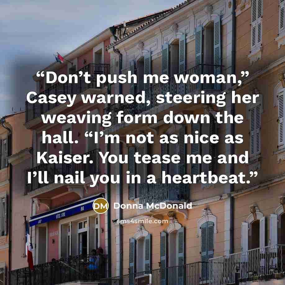 “Don’t push me woman,” Casey warned, steering her weaving form down the hall. “I’m not as nice as Kaiser. You tease me and I’ll nail you in a heartbeat.” quote by Donna McDonald