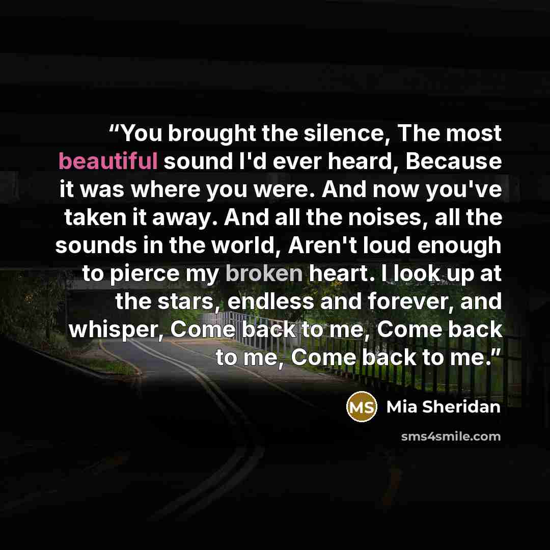 “You brought the silence, The most beautiful sound I'd ever heard, Because it was where you were. And now you've taken it away. And all the noises, all the sounds in the world, Aren't loud enough to pierce my broken heart. I look up at the stars, endless and forever, and whisper, Come back to me…” quote by Mia Sheridan