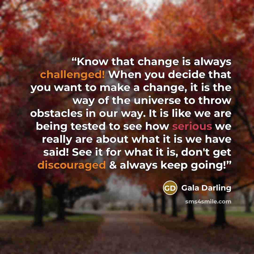 “Know that change is always challenged! When you decide that you want to make a change, it is the way of the universe to throw obstacles in our way. It is like we are being tested to see how serious we really are about what it is we have said! See it for what it is, don't get discouraged & always…” quote by Gala Darling