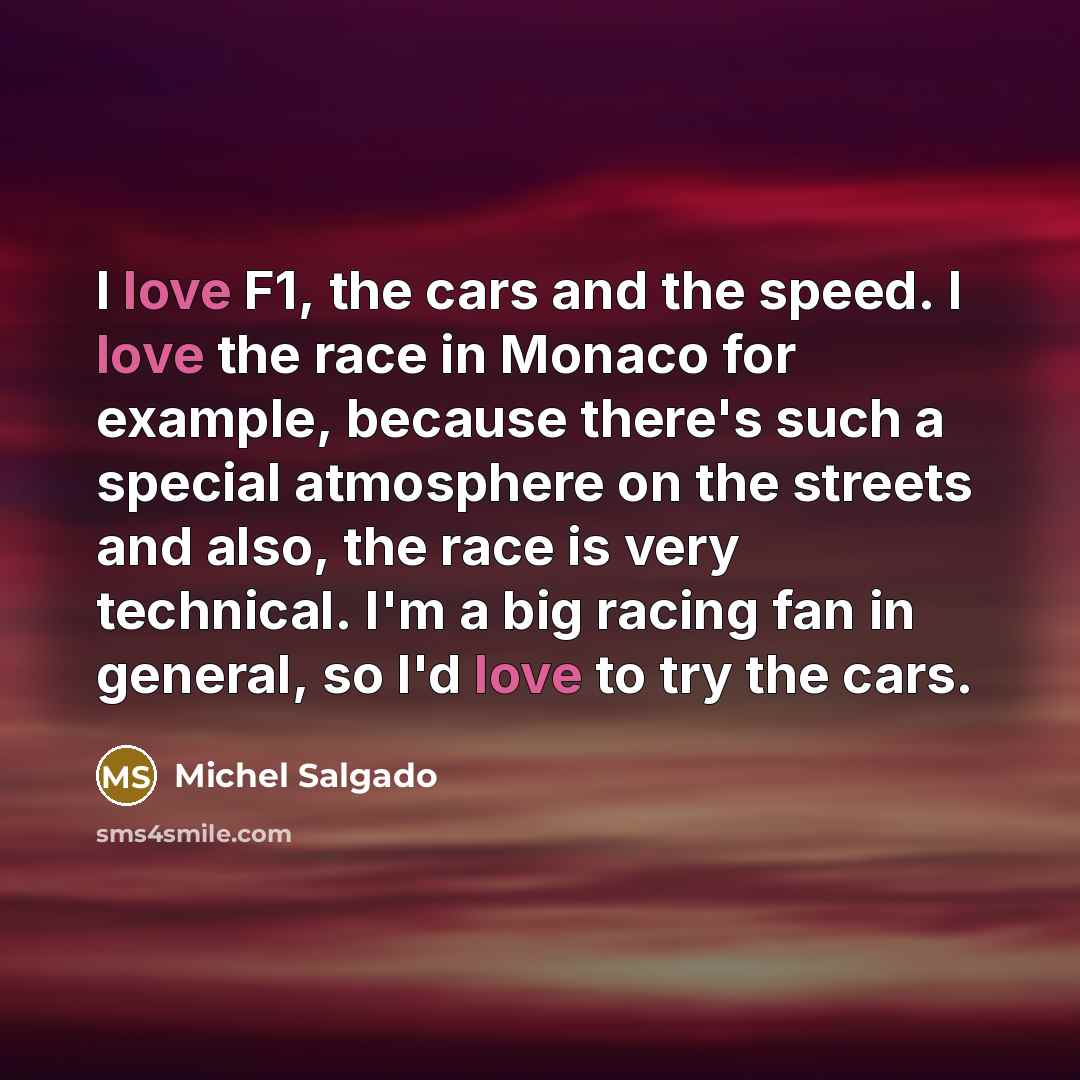 “I love F1, the cars and the speed. I love…” quote by Michel Salgado