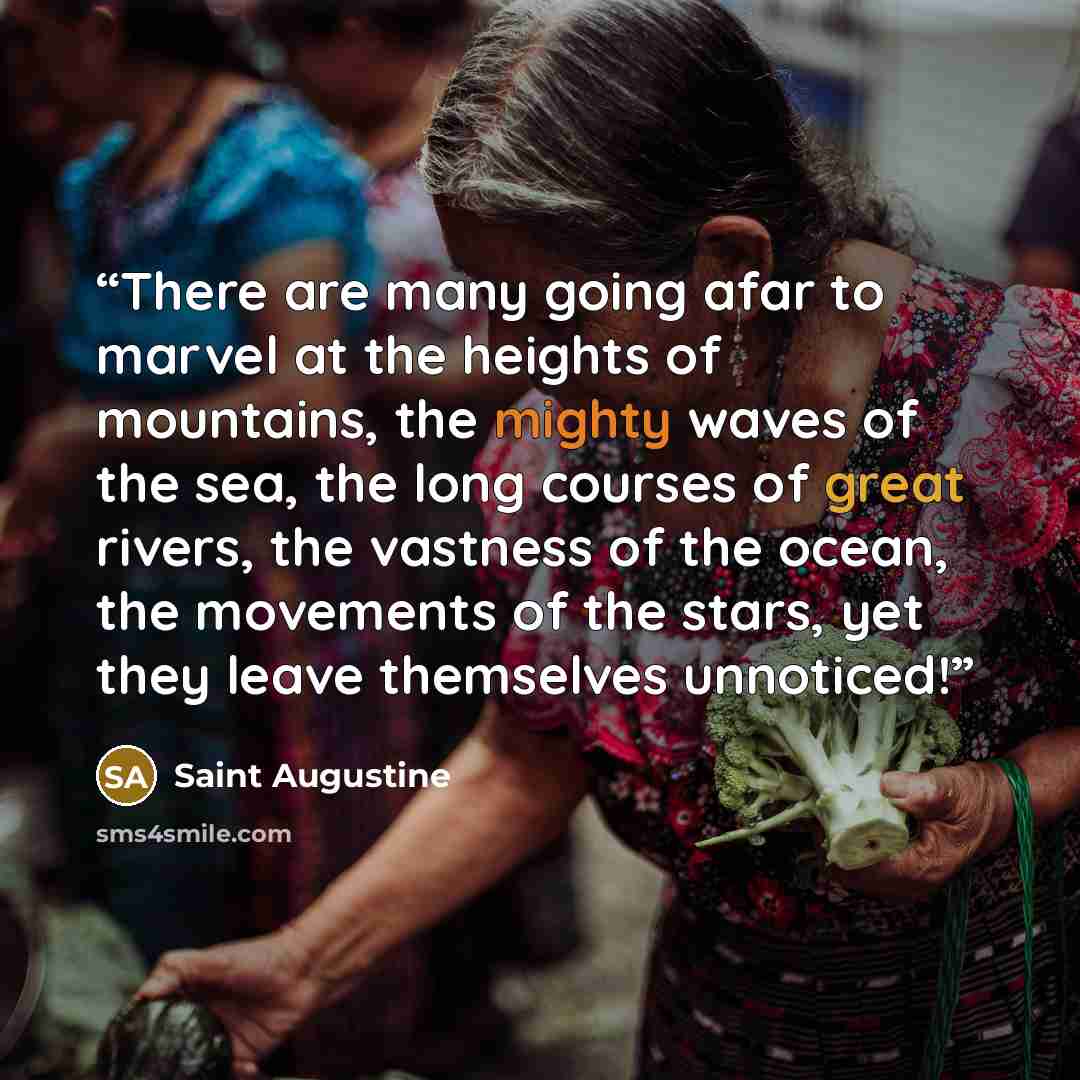 “There are many going afar to marvel at the heights of mountains, the mighty waves of the sea, the long courses of great rivers, the vastness of the ocean, the movements of the stars, yet they leave themselves unnoticed!” quote by Saint Augustine