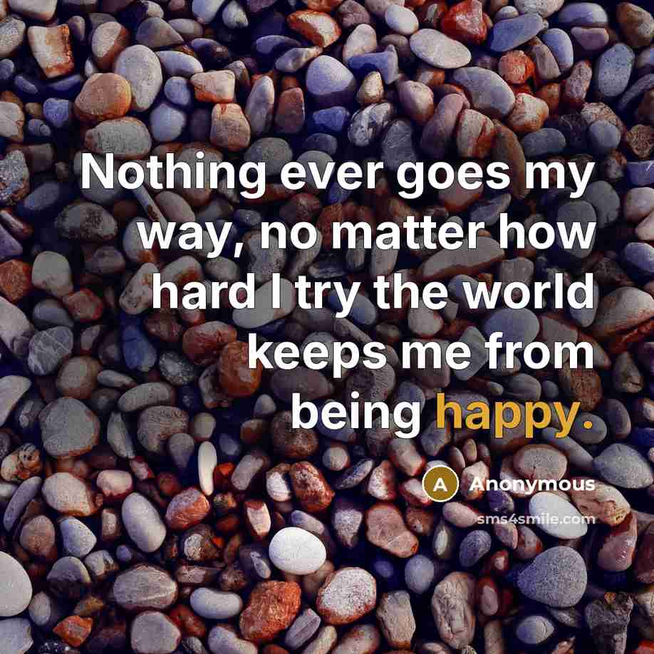 “Nothing ever goes my way, no matter how hard I try the world keeps me from being happy.” quote by Anonymous