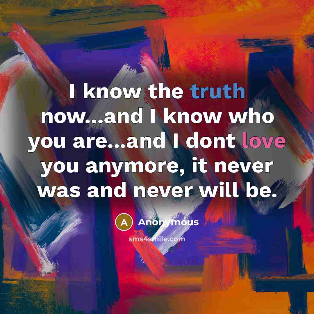 “I know the truth now...and I know who you are...and I dont love you anymore, it never was and never will be.” quote by Anonymous